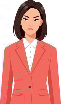 Woman with serious expression wearing coral blazer and white shirt illustration vector