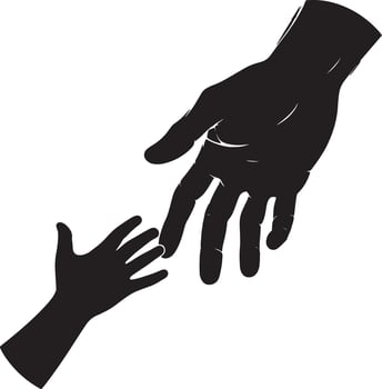 A graphic representation of two hands reaching out to each other in black and white vector