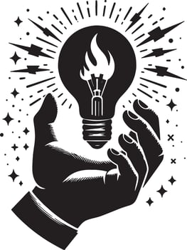 A hand holding a light bulb with a flame inside surrounded by stars and lightning vector