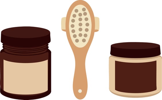 Natural skincare jars and wooden brush illustration in brown tones vector