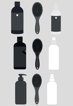 Hairbrush and Shampoo Bottles Set with Black and White Color Design for Beauty Care vector