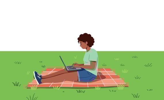 Young man working on laptop sitting on blanket in park green grass outdoors natural setting vector