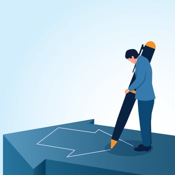 A man draws an arrow pointing in the opposite direction to the existing one. A metaphorical illustration for resistance to change, fighting against uniformity and making a difference. vector