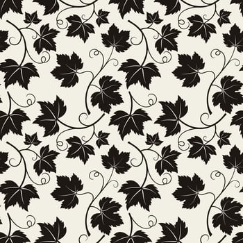 Grapevine with leaves pattern, dark vine silhouette on beige background. vector
