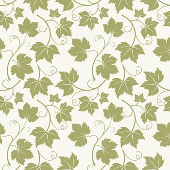 Pattern with Grapevine with leaves, soft green vine silhouette on light beige background. vector