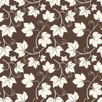 Grapevine with leaves pattern, white vine silhouette on brown dark background. vector
