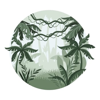 Jungle landscape with palm trees and plants in mist. Exotic tropical scenery in round shape design illustration vector