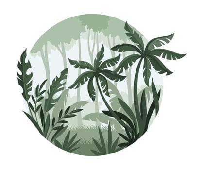 Jungle tropical landscape with palm trees in mist. Monochrome rainforest scenery of round shape illustration vector