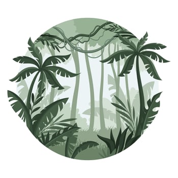 Jungle tropical landscape with palm trees in mist. Monochrome rainforest scenery in geometric round shape design illustration vector
