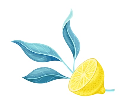 Half of ripe juicy lemon with green leaves illustration vector