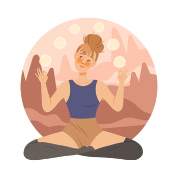 Beautiful girl meditating in Lotus pose. Young woman practicing yoga in nature cartoon illustration vector