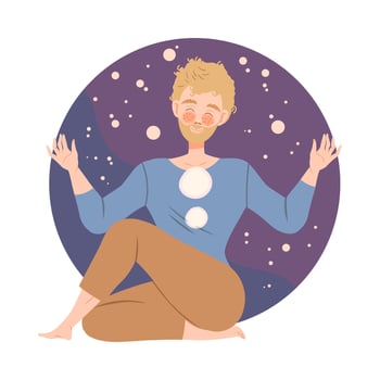 Young man meditating in seated half spinal twist pose. Guy practicing yoga and breathing exercise cartoon illustration vector