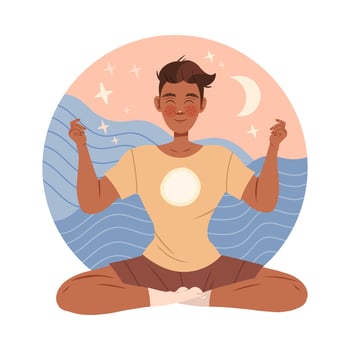 Young man meditating in Lotus pose. Guy practicing yoga in nature cartoon illustration vector