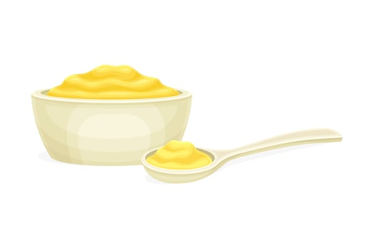 Mustard Yellow Paste or Sauce in Ceramic Bowl and Spoon Illustration vector