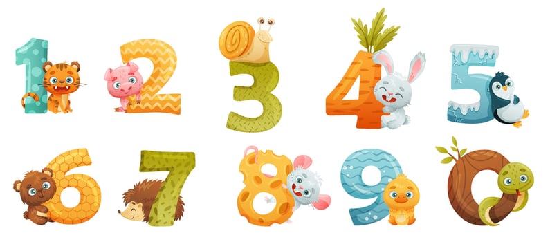 Set of numbers with cute baby animals. Educational numbers, kids anniversary, home or kindergarten decor cartoon illustration vector