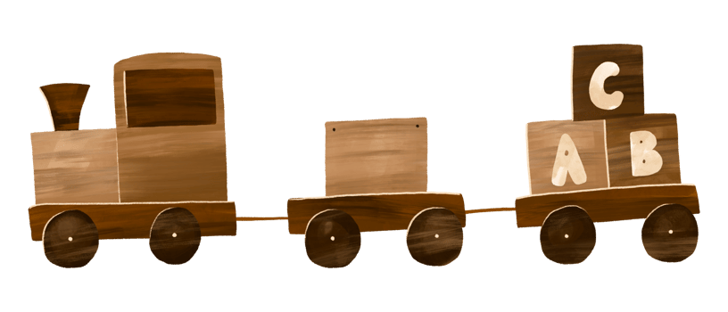 Wooden train transport and cubes, pyramid. Newborn children. Learning and game. Baby toys hand drawn illustration png
