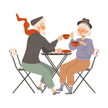 Elderly couple sitting at table in cafe or restaurant. Man and woman talking, eating and drinking at cafeteria illustration vector