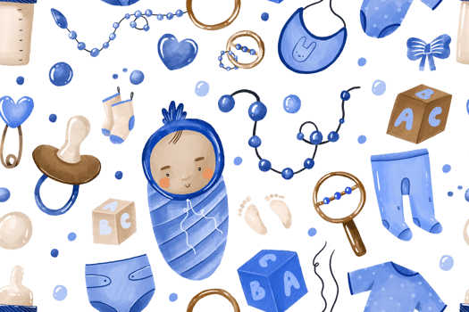 Newborn baby boy seamless pattern. Endless design Toys and accesories gor infant. Hand drawn watercolor illustration png
