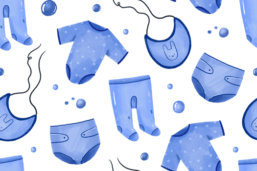 Seamless pattern for baby shower with blue clothes. Its a boy hand drawn background. Birthday png
