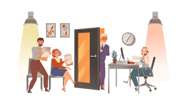 Job seekers waiting for job interview with resume in their hands. Candidates sitting near boss cabinet illustration vector