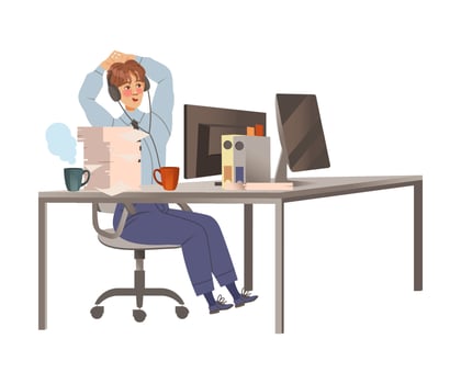 Office worker in headphones sitting at desk working with laptop computer illustration vector