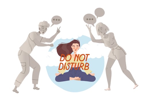 Girl in meditation pose sitting inside transparent glass bubble and people reaching for her. Avoiding of conflict, social isolation, personal space cartoon illustration vector