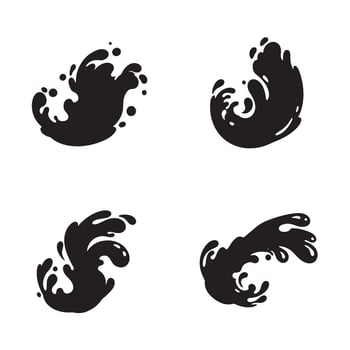 Four graphic designs of water splash silhouettes in black depicting dynamic liquid splatters and fluid movements on white background vector