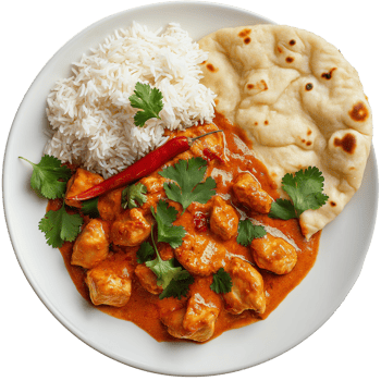 A spicy chicken tikka masala with basmati rice and naan bread Image, hamburger isolated on transparent background, hamburger illustration png