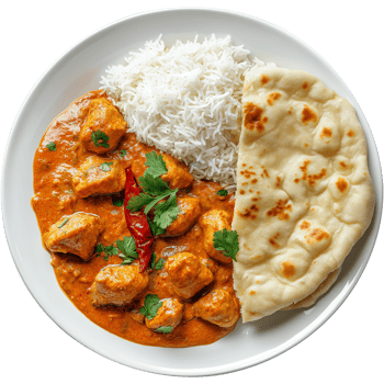 A spicy chicken tikka masala with basmati rice and naan bread Image, hamburger isolated on transparent background, hamburger illustration Art png