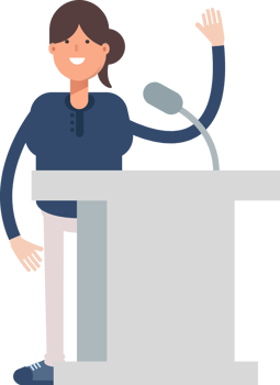 Girl in Blue Shirt Character Speaking on Podium png