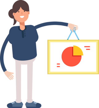 Girl in Blue Shirt Character Holding Pie Chart Signage png