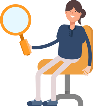 Girl in Blue Shirt Character Sitting and Holding Magnifier png