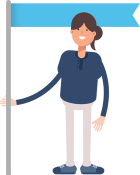 Girl in Blue Shirt Character Holding Blue Flag Pole png