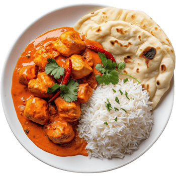 A chicken tikka masala with basmati rice and naan bread Image, hamburger isolated on transparent background, hamburger illustration png
