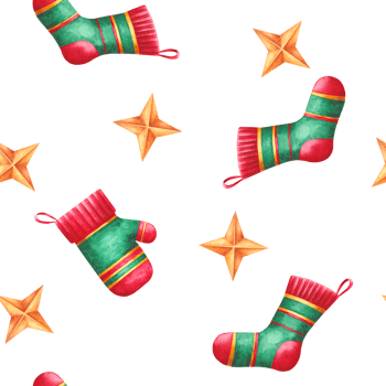 Hand drawn watercolor illustrations of a festive pattern with socks and mittens. Seamless texture with watercolor knitted socks. Perfect for festive decor for Christmas, children's party. png