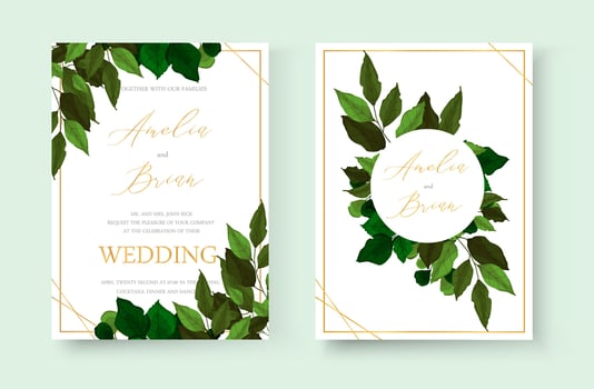 Wedding floral gold invite card save the date design with green tropical leaf vector