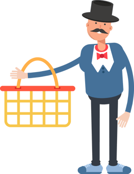 Gentleman in Top Hat Character Holding Shopping Basket png