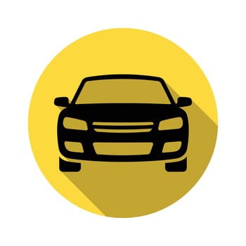 Black Car Front View Icon on Yellow Circle with Long Shadow Design vector