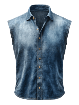 Blue Denim Sleeveless Shirt with Button Closure and Gradual Fade Effect png
