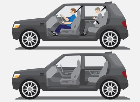 suv car cutaway side open view with driver and passenger and empty inside vector