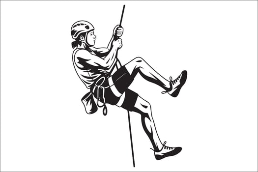 A black and white illustration of a man climbing on a rope vector