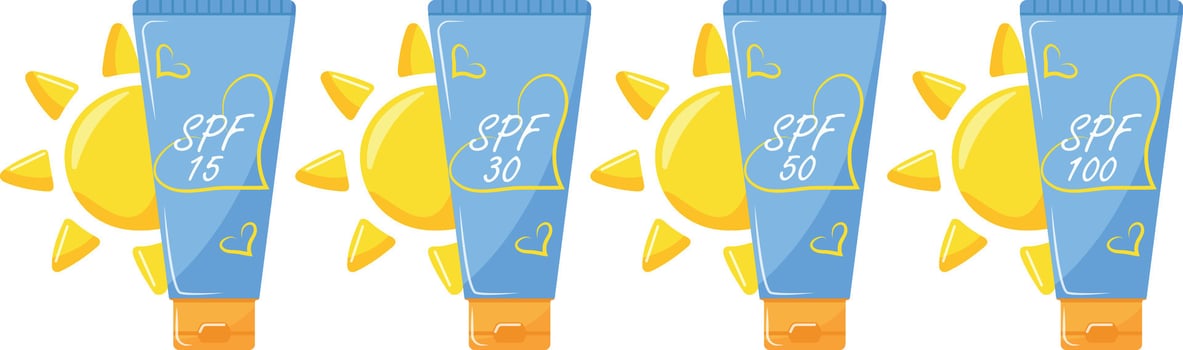 icons of a classic vertical tube with sunscreen and a sun on the side, for summer designs vector