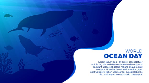 World Ocean Day Background - Banner with giant blue whale swimming in underwater vector