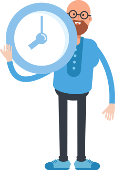 Bald and Beard Man Character Holding Blue Clock png