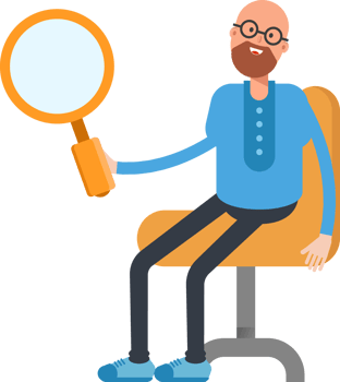 Bald and Beard Man Character Sitting and Holding Magnifier png