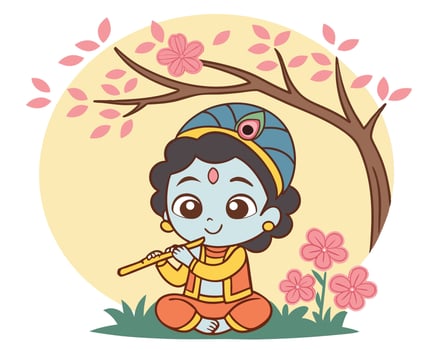 Adorable illustration of lord krishna playing the flute under a cherry blossom tree with gentle colors vector