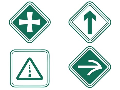 Set of four illustrated green and white road signs for various purposes vector