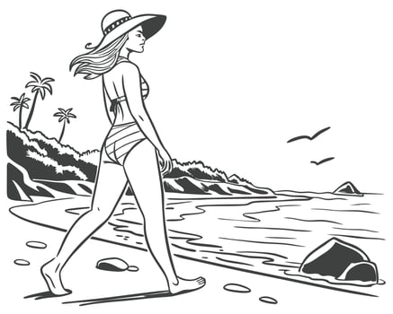 Elegant woman in a hat and bikini walks on a beach seaside illustration with ocean waves vector
