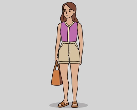 Young woman in summer casual attire carrying a tote bag standing in a modern illustration vector