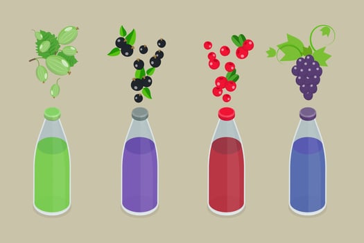 3D Isometric Flat Set of Bottles With Berry Beverage, Fresh Squeezed Juice vector